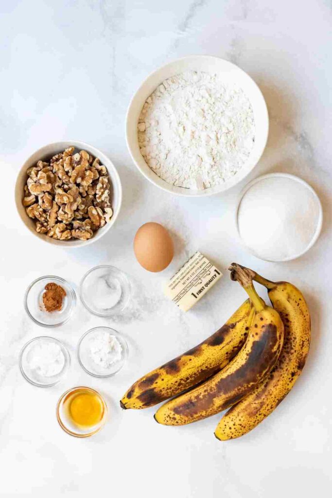 Ingredients to make banana walnut bread